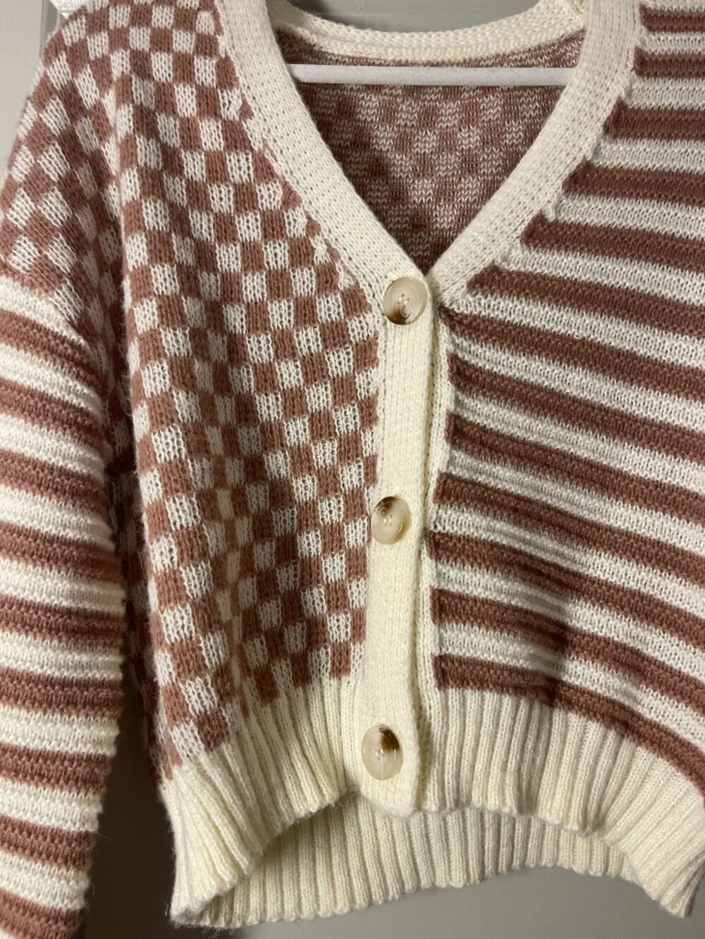 Checker Pattern Drop Shoulder Cardigan - Picture 5 of 7